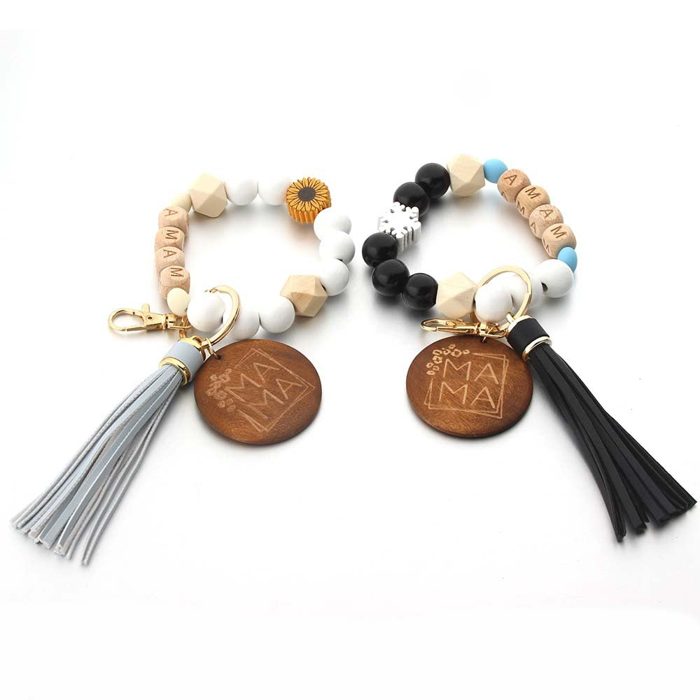 Wholesale Wooden Beads Leather Tassel Silicone Bracelet MAMA Keychain